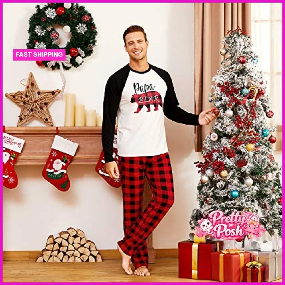 Matching Christmas Pajamas Set Letter Print Top Plaid Pants Pockets